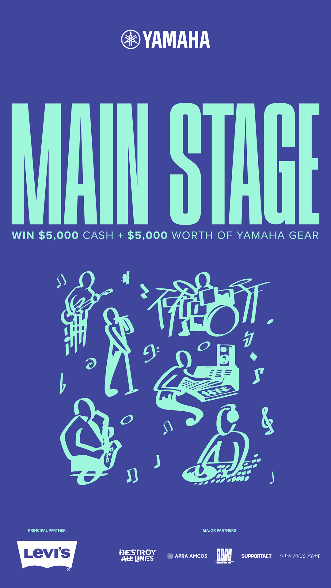 Yamaha Music Australia Main Stage grant poster offering $5,000 cash and $5,000 in gear, featuring stylized musician graphics and partner logos.